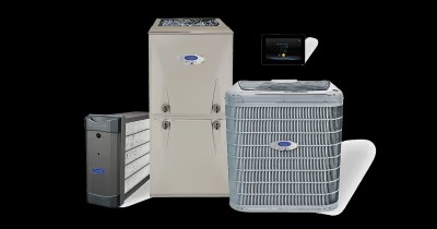 Carrier Infinity residential HVAC system including air handler, outdoor condenser, air quality cabinet, and smart thermostat on a black background.